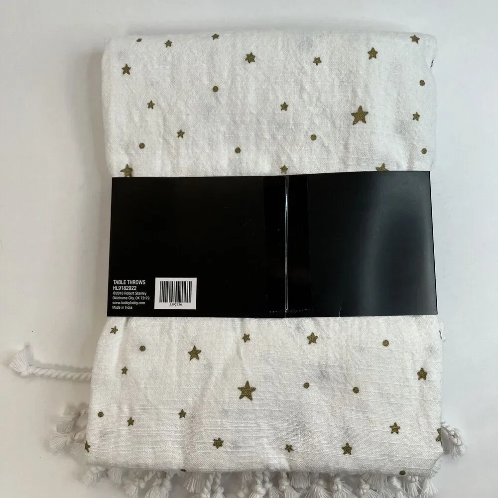 Robert Stanley White Table Throw 40x40 inch Metallic Gold Stars Fringe Cotton